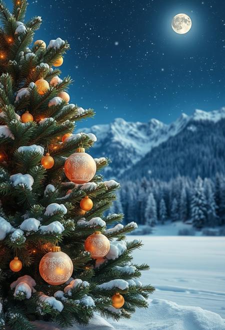 Winter, magical night. Beautiful starry sky. On the shore of a beautiful frozen lake stands an incredibly beautiful New Year tree, in the background in the middle of a fabulous magical winter forest rise huge mountains. On the mountains the snow sparkles in the moonlight., a winter night scene with a beautifully decorated evergreen tree, heavy with fresh white snow. Several decorative Christmas ornaments adorn the branches, including glossy spheres in soft pastel shades of gold and white, delicately decorated with frost patterns. The ornaments emit a warm, inviting glow, contrasting with the cool, deep green of the pine needles and the snow-white background. The soft lighting from the ornaments reflects off the snow, creating a magical atmosphere.