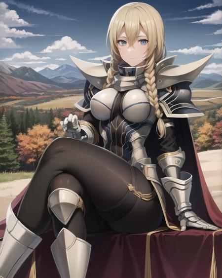 best quality, (masterpiece:1.2), illustration, absurdres,
(1girl, solo), (beautiful detailed girl), cowboy shot,
<lora:Arianrhod-09:1>, Arianrhod, blond hair, long hair, braid, blue eyes, large breasts,
armor, knight, (shoulder armor, pauldrons:1.1), faulds, gauntlets, breastplate, (black_bodysuit:1.3), pantyhose, armored_boots, greaves, red waistcloak, cape,
calm, confident, looking at viewer,
overlooking distant mountains, distant river, (pine forest), autumn colors, sky, clouds, intricate, detailed background,, crossed legs