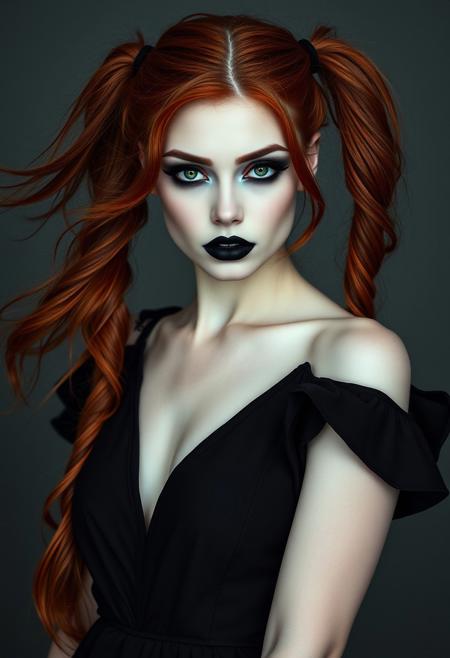 A stunning 25-year-old woman with flowing, fiery red hair styled in long, loose, high pigtails that cascade down her back. Her pale skin is contrasted by dramatic, smoky eye makeup, smudged and smeared with a touch of rebellious sensuality. Her deep, matte black lipstick is smeared across her lips, creating a bold, imperfect look that exudes confidence and allure. She wears a flowing, elegant gothic dress that accentuates her curves. With a sensual yet dominant gaze, she steps forward, inviting the viewer into her world of darkness and allure.