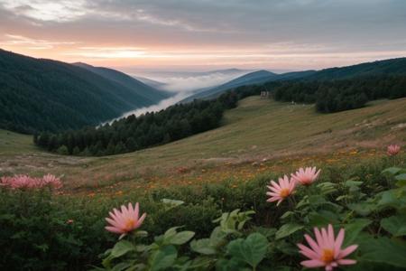 raw photo, a sunset landscape, Carpathian mountains valley temperate forests, Poland forest,  cozy, photorealistic, high detailed texture, 8k uhd, dslr, soft lighting, high quality, film grain, Fujifilm XT3, Sony A7 IV, highly detailed photography, (muted colors, cinematic, dim colors, soothing tones:1.2), vibrant, insanely detailed, hyperdetailed, (dark shot:1.2), (vsco:0.3), (intricate details:0.9), (hdr, hyperdetailed:1.2) (highest coherency: 1.39) (highest quality: 1.39) (rule of Thirds) (award winning) (breathtaking) (masterclass) (vibrant color: 0.79) (foggy: 1.09) (distant hillside) (spring flowers) (sharp focus forground) (detailed flower: 1.39)