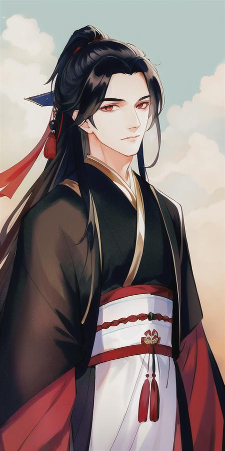 masterpiece, best quality,4k,8k,highres,ultra-detailed,1boy, black hair, long hair, chinese clothes, open eyes, hanfu, standing, looking at viewer, male focus, red ribbon, solo,<lora:gufeng_v2:0.65>