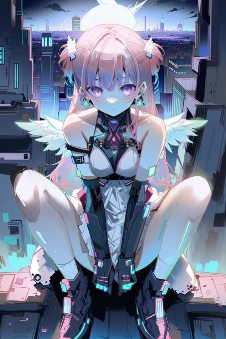 1girl, mechanical wings, solo, pink hair, dress, dainty pose, (angel:1.2), dark setting, sitting on rooftop, over city, <lora:Cyberpop:1>, Cyberpop