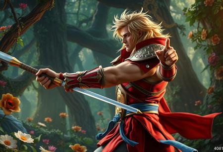 Litmus Doom Swordsman, Masters of the Universe, dynamic action pose, arms outstretched, poised for battle, in a vibrant Lost Forest background, rich floral detail. Iconic red and gold armor, blue belt, messy blonde hair, fierce expression, facing right, striking composition. Captivating lighting. Fantasy illustration, trending on ArtstationHQ, CGSociety, 4K, hyperdetailed, cinematic, Unreal Engine 5, Octane Render, beautiful matte painting, splash ink elements, Raphael & Houdini influence, dramatic colors, golden ratio.