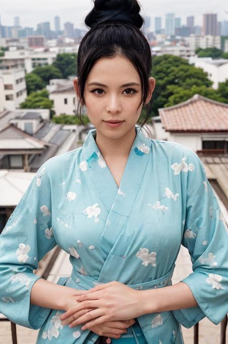 analog film photo solo, realistic, (1girl), (asian) (woman), white skin, milky skin, (((Sleepy, Drooping eyelids, half-closed eyes, and a slightly dazed expression.))), (((black hair, Space Buns Hairstyle))), (((Japanese Red Kimono))), (((balcony, sweeping view, cityscape panorama, relaxing spot, Blue Hour, <lora:kodakgold200:.5>))), (((dynamic pose:1.5))),  <lora:ReaLora:.1>  <lora:JPA_-_Rola_Takizawa:1> rolatakizawa . faded film, desaturated, 35mm photo, grainy, vignette, vintage, Kodachrome, Lomography, stained, highly detailed, found footage<lora:PAseer-SD15-LCM Quick:1.0><lora:PAseer-SD15-LCM Quick:1.0>