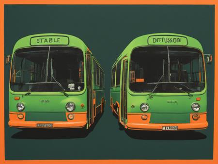 bus1 text: "Stable", bus2 text: "Diffusion", 2buses, silk screen print, lurid green, acid orange, black, brutalist, <lora:JamieReidStyle-000010:0.5>