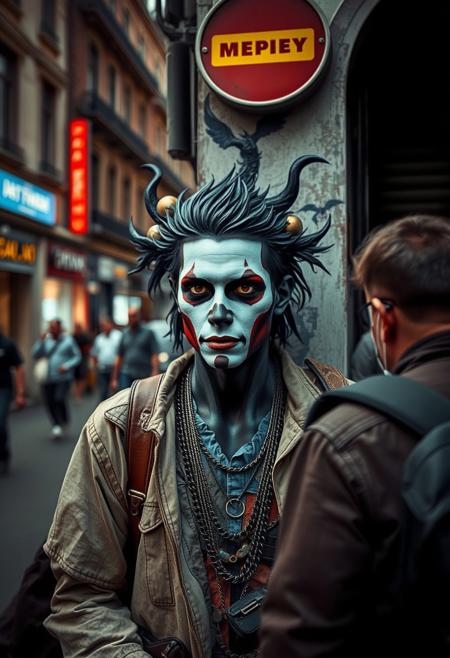 Candid street photography in dramatic cinematic style, street art featuring a painted person, classical realism, fantasy and sci-fi elements, rich color palettes, chiaroscuro, film-like composition, urban scene.
