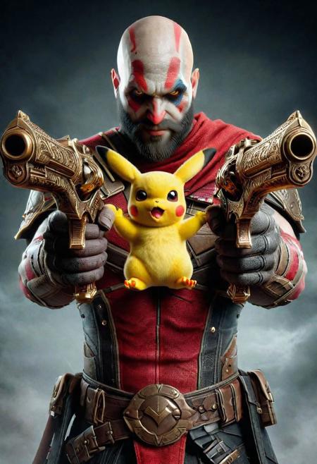 (playfully:1.5) kratos, holding pikachu, 8k, F2.8, RAW Photo, ultra detailed  <lora:XL_Weapon_Dual_Pistols_-_By_HailoKnight:0.8>