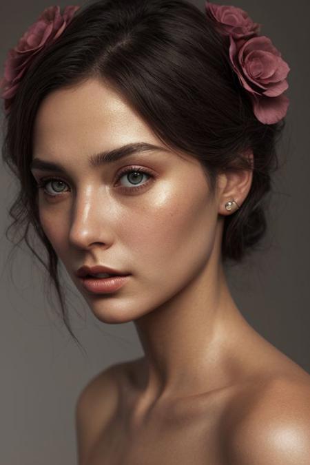 the woman's face was painted with golden, in the style of nature-inspired compositions, dark gray, loose composition, flowerpunk, zbrush, elegant realism, chiaroscuro portraitures