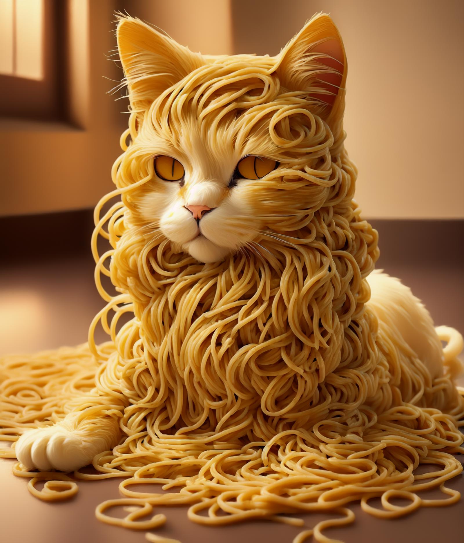A computer generated image of a cat with spaghetti on its head.