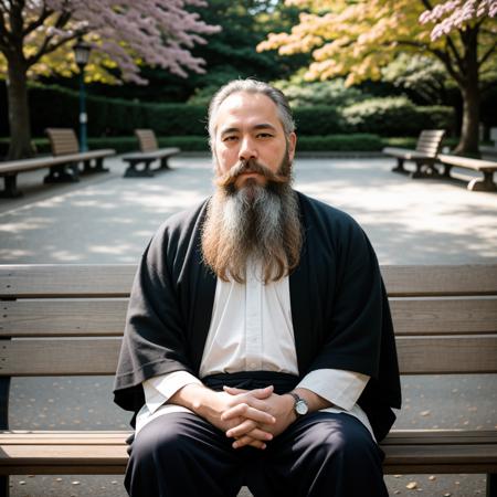 RAW photo, absurdres, high quality, photorealistic, 
portrait of a man, beard, detailed_skin, kimono, sitting,
bench, outdoors, park, sunlight, photo background,
photo realism, ultra-detailed, 50mm, f1. 4, 8k uhd, film grain