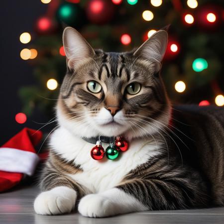 photography very realist of cat with lots of Christmas lights and Christmas balls around him, Christmas decor background