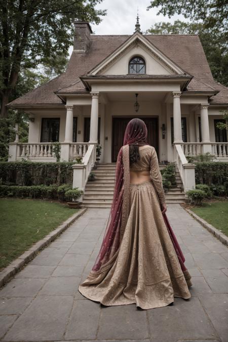 wide angle cinematic captivating photo, front side view, beautiful pakistani hijabi bride woman walking along paved pathway towards (villa:1.3), <lora:villa:0.5>, country manor, house, windows, roof, grand doorway entrance, granite pillers, england, london, luxury, exquisite, posh, detailed ornate embroidered bright beige clothes, gold jewellery, smile, teeth, <lora:Bridal_Lehnga_By_Stable_Yogi:0.7> 00red00bridal00legnga, 1girl, solo, lifting skirt,<lora:sps2:0.6> supershorty, masterpiece, best quality, absurdres, highres, 4k, intricate details, highly detailed, <lora:add_detail:0.6>, wedding reception, beautiful composition, 
 <lora:right side position:1> rside, right side,, RAW photo, 8k uhd, dslr, soft lighting, high quality, film grain, Fujifilm XT3