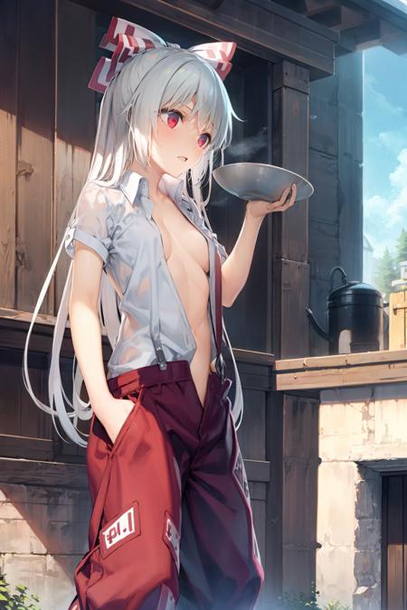 masterpiece, best quality,    <lora:mokou:1>,outdoors,1girl, very long hair, suspenders,topless,red eyes, white hair, bow,ribbon, hair bow, pants, hair ribbon,, multiple hair bows ,<lora:style01:1>