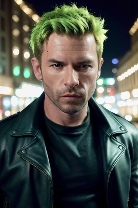 [RAW] HD [closeup] photo of a man<lora:guyp13rc3:1>, natural skin, highly detailed skin, red leather jacket, outside at night, neon green hair, techno gangster, dark street at night, downtown at midnight, bokeh