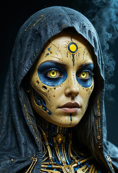 Close-up of the portrait (full-length: 1.3), the face is vertically divided into two parts: the left side is yellow with hand-drawn symbols and scribbles Gold, the right side is dark blue with cybernetic implants and exposed mechanical parts Blue. The left eye glows neon yellow Chartreuse, contrasting with the shaded right side. Partially covered with a battered hooded cape, cinematic lighting in the noir style of the 1940s, chiaroscuro, dramatic volumetric fog, hyperdetalized skin textures, "octane rendering" style, realistic Unreal 8k engine,
<lora:aidmaImageUpgraderSDXL-v0.3:1> aidmaImageUpgrader,  <lora:DetailedEyes_V3:1.3>