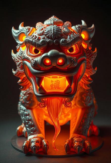 masterpiece, best quality, amazing quality, very aesthetic, high resolution, ultra-detailed, absurdres, newest,  photorealistic details, volumetric lighting, foo dog with a spherical head and no body, large gapping maw, subsurface, glowing with inner light, many small teeth, large canines, drooling, complex engravings