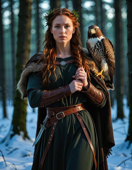 RAW full body image of a gorgeous 25 years old Gorgeous Viking Woman auburn haired, loose hair, <lora:NordicByNature:0.8>,Baltic Huntress and Falcon, A Viking woman holding a majestic falcon on her gloved arm, preparing for the hunt in the dense Baltic woods.,low light, soft natural light, Rembrandt style light, Hasselblad DLSR camera, 200mm Zeiss lens, f/2.8 clear focus, high resolution image, (soft naural light), (rembrandt light), (soft shadows) ,Sexy pose, erotic pose, exhibitionism,