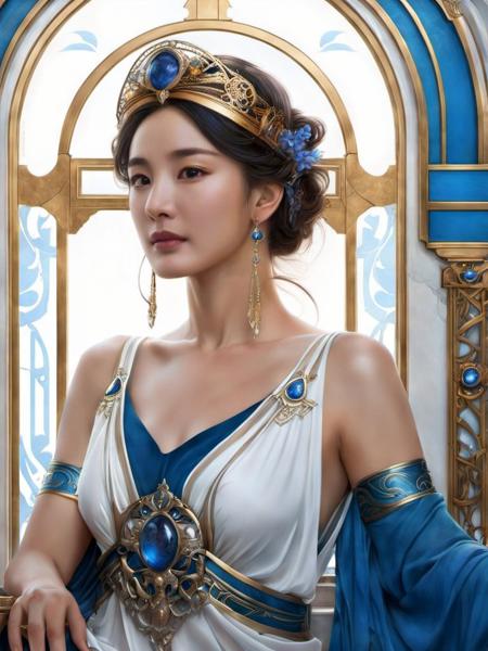 yangmi woman,beautiful,  masterpiece,highres, unity 8k wallpaper, a greek goddess,  biomechanical adornments, tiara with sapphire, art nouveau, window sill, flowers, elegant, highly detailed, artstation, concept art, nouveau, sharp focus, illustration, art by artgerm and greg rutkowski and alphonse mucha <lora:yangmi_XLL6e4_10:0.5>