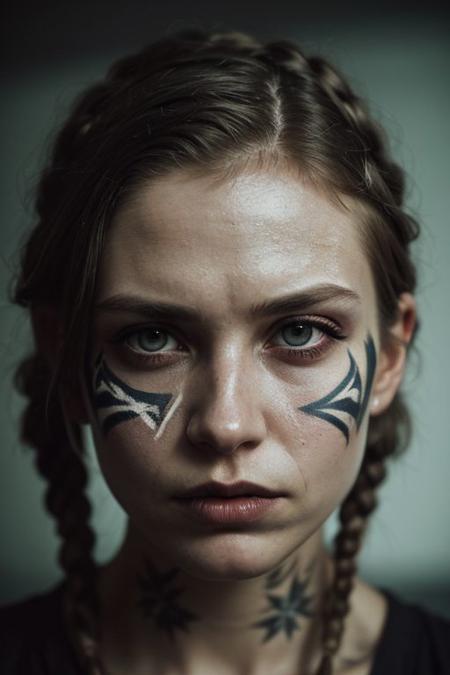 Horror-themed (extreme close shot of eyes :1.3)  of nordic woman, (war face paint:1.2), mohawk blonde haircut wit thin braids, runes  tattoos, sweat,  (detailed dirty skin:1.3) shiny, (epic battleground backgroun :1.2),   . analog, haze, ( lens blur :1.3) , hard light,  sharp focus on eyes, low saturation, by ilya kuvshinov and flora bosil  <lora:add_detail:0.7> 
 . Eerie, unsettling, dark, spooky, suspenseful, grim, highly detailed