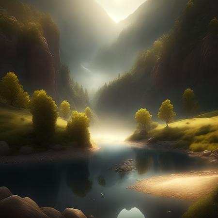 photo rendition of Peaceful river valley, serene scenery, epic landscape (RiverValley style:1) <lora:djzRiverValley:0.8)