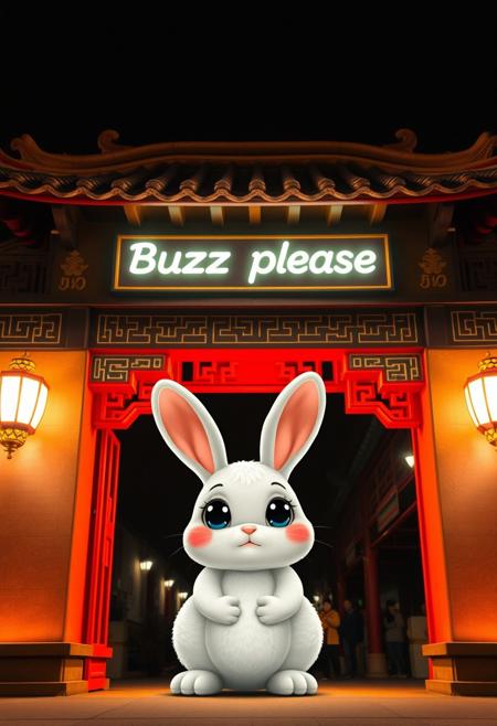 a traditional Chinese archway decorated with red and gold accents. Above the gate, "Buzz please" glows brightly in the night sky. 
An adorable bunny with huge shining eyes, begging sad expression,