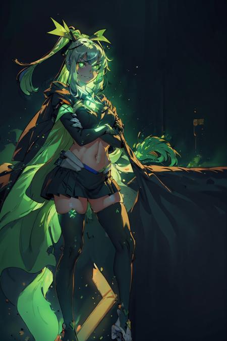 (masterpiece, best quality:1.2), <lyco:consolechan_xbox-09:0.8>, solo, 1girl, xbox-chan, evil grin, looking at viewer, crossed arms, ponytail, green hair ribbon, glowing eyes, bright pupils, clothing cutout, stomach cutout, cape, thighhighs, (gloves:1.1)