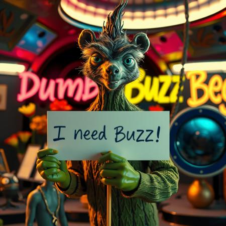 masterpiece, intricate photo, realistic outer space alien animal grinch badger holding a white sign on which is written "I need Buzz!", background interior of a spcecraft, giant alien flowers at the walls, in the background is written in neon letters "Dumb Buzz Beggar", hyper realistic, highly detailed, sharp focus, crepuscular lights in the background, dawn of technology, dark art, gothic art, cyberpunk style, best quality, high resolution, colorful, vibrant colors, cozy indoor lighting, 8K, easypositive, highy quality image, no wrong proportions