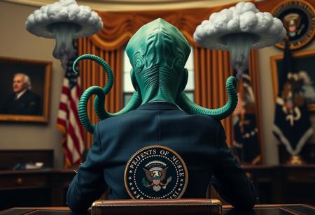 cthulu for president, oval office, mushroom cloud, real photograph, inspector gadget style, photorealistic, correct hands, correct fingers, presidential seal, vote button, campaign photo, election, elegant scene, facing away, sitting, metal arm, spikes