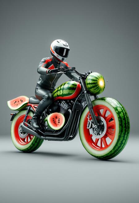 This 3D render showcases a highly creative, ultra-realistic representation of a person riding a motorcycle, all crafted from watermelon slices in 8K UHD quality. The motorcycle and rider are made entirely from green-rinded watermelons with black seeds, featuring vibrant red and white inner flesh. The rider wears a helmet, while the motorcycle design includes wheels, a front light, and a rear exhaust.
The background is a plain grey hue, drawing focus to the subject matter. Additionally, the image incorporates textual elements, such as 'Moto GP watermelon' and 'Ultra AI', as well as a watermark or logo situated at the bottom.