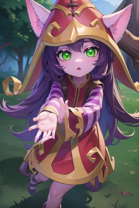 lulu, long hair, bangs, animal ears, (green eyes:1.5), purple hair, colored skin, purple skin, long sleeves, hat, dress, red dress, red headwear, ears through headwear, striped sleeves, yordle,