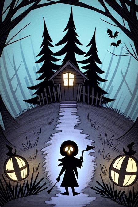 (image in dst style:1.2), messy lines, dark lines, a spooky forest on the edge of a ghost town, (masterpiece, extremely detailed, 4k, 8k, 16k, highres:1.3) <lora:dontstarve_dst:1>