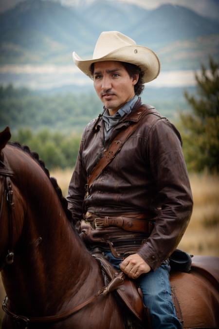 RAW photo, jtrudeau as a cowboy, 8k uhd, dslr, high quality, film grain, Fujifilm XT3, <lora:justin_trudeau_5:0.6>, riding on a horse, close shot