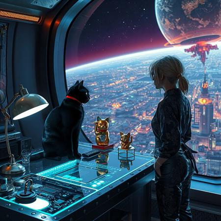 A sleek black cat with red collar sits on a cluttered metal riveted desk with transparent top and micro-LED lighted computer components visible inside, On the desk is a gold and lacquer maneki neko statue and an art deco glass and metal lamp, the Black Cat is looking out of a seamless and futuristic floor to ceiling window that looks out at a planet from low orbit, the planet is covered with the lights of enormous buildings and cities, (((a beautiful woman, 24 years old, is standing next to the desk the cat is sitting on and looking longingly out the window, the woman is dressed in an ornate Japanese style shirt and elegant leather pants with an ornate design. An enormous deco starship with futuristic lighting and an enormous space station are visible in the background among the stars, The woman's hair is messy from just waking up and tied up with a ribbon.  Artistic art deco, dynamic perspective, (((overall architectural aesthetic is Art Deco Cyberpunk))).  Epic image that elicits a feeling of wonder and awe,