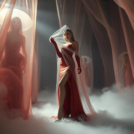 noble norvegian femme fatal lady  posing standing wearing evening GLOSSY THIN RED slime high slit gown, GLOVES  and high heels,   entrapped in  giant long waving  ultrathin transparent fisnet veils, surrounded by  fog from the floor, captured in light beam from celling,  giant slime covered cocoons with encased ladies at background, breeding chamber,  ultrathin waisT, HORROR,  reminiscent of H.R. Giger, Zdzisław Beksinski, and Ash Thorp's dark, sleek styles, with close-up glamour photography, glossy satin and silver heels glistening, fleshy slime dripping, and dark shadows.