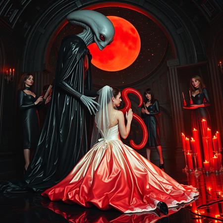 high-society elegant slender norvegian rich innocent young bride kneeling at whorish red glossy foil pillow from behind. She is ensnared by a towering, gray human-like alien, draped in a long, glossy black slime cloak, its eyes gleaming red with an otherworldly intensity.   its hands make her suckn its red thick slimy tentacle. Surrounded by strict ladies wearing  glossy satin dominatrix attire and glossy high heels,  holding red candles.   weird wet-look black slime  walls and floor, colossus observation blister to outer space full of stars, bright red moon, vintage-inspired makeup, long hairs, ultra thin waist, evil grin, porcelain skin, lipstick, red nails, in the style of a haunting, retro-futuristic 1950s sci-fi nightmare, horror, alien space base,,