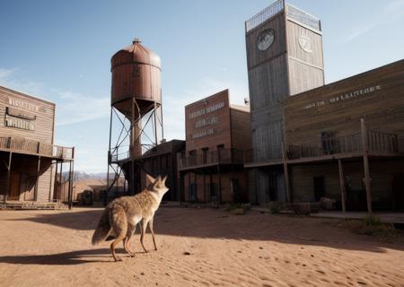 fantwest, a coyote walking through a western town with a water tower in the background, highly detailed, realistic