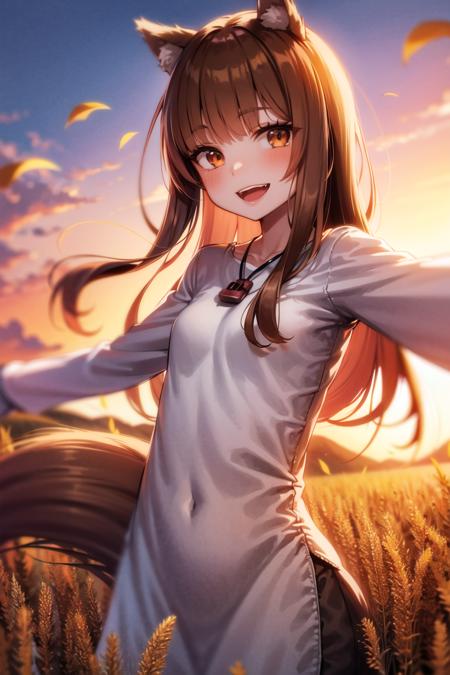 <lora:holo:1>, holo, masterpiece, best quality, absurdres, 1girl, looking at viewer, white dress, brown trim, long sleeves, neck pouch, tail, outstretched arms, wheat, field, sunset, smile, upper body