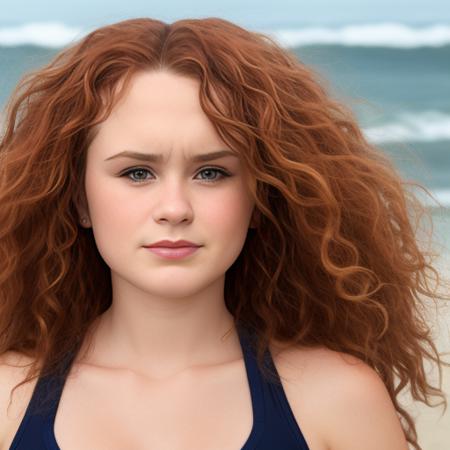 Casual photo, 3liza2, casual, walking along a beach in a swimsuit,  sharp focus, studio light, rule of thirds, studio backdrop, Long curly red hair with ringlets, fit to image, headroom,