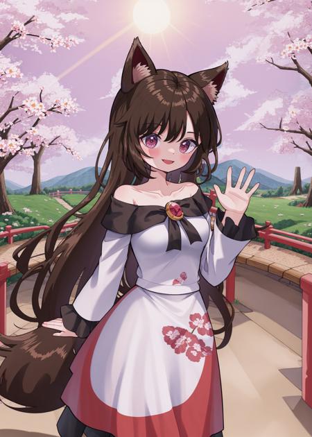 imaizumi kagerou, multicolored dress, brown hair, wolf ears, 1girl, breasts, brooch, collarbone, flower, long sleeves, looking at viewer, medium breasts, off shoulder, red eyes, solo, wolf tail, smile, waving
BREAK
sakura trees, sakura leeves, standing on a bridge, pink sky, sunshine, reflections, cinematic lighting, sun rays
<lora:dusty_dream_v1-000015-32rank:unet=1:te=0> <lora:kagerou_locon_v2-000015:1>