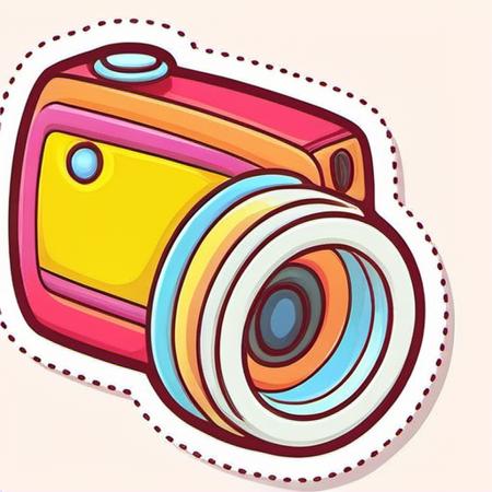 <lora:Game Icon InstituteXL3:1>,(masterpiece, top quality, best quality, official art, beautiful and aesthetic:1.2),(8k, best quality, masterpiece:1.2),a camera sticker with a yellow lens on it's side and a white background with a pink outline, simple_background, white_background, food, no_humans, outline, white_outline, food_focus, still_life