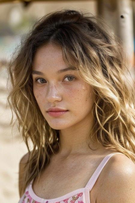 80's hairstyle , 30 years old With beautiful messy wavy beach blond hair, her face, a masterpiece in a highkey setting, showcases a triangle base, bright theme, and well-lit environment, captured in a medium shot with no prominent shadows, accentuated by a rim light over the hair., tan line , sunburn , skin detail