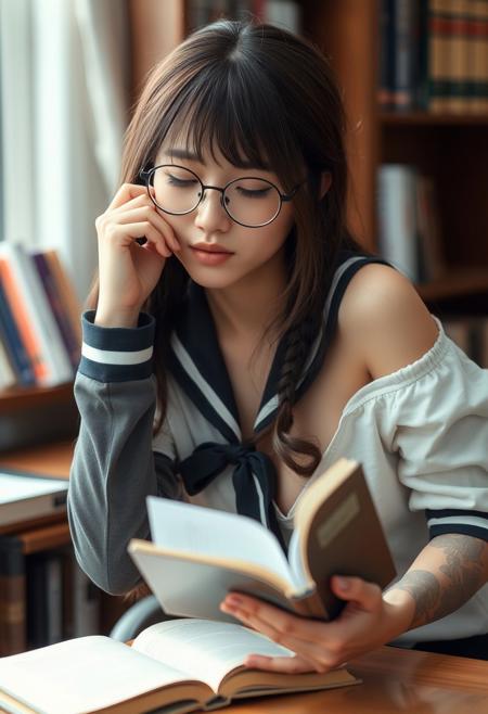 (((adult))), 25 years old, 1woman, adult, well-proportioned body, wide hips, saggy breasts, maori, brown low-braided long hair hair, solo focus, kawai face, cute, pouting, embarrassed, bangs, cute, cute girl, round glasses, eyes closed sleeping, seductive, cleavage, books, sexy view, boob focus, bookshelf, leaning on table, school shirt, off shoulder, nipple out, leaning forward on table, sitting on chair, holding book, hand on face, cute face cheeks, (((downblouse))), nipple slip, (nipples out), head tilt,