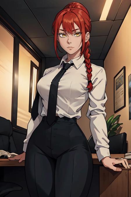 masterpiece,best quality,extreme detail,8k,<lora:makima-12:0.8>,makima2,1girl,solo,red hair,yellow eyes,ringed eyes,braided ponytail,With jacket: shirt,long sleeves,jacket,white shirt,necktie,collared shirt,pants,black jacket,black pants,formal,suit,black necktie,shirt tucked in,office lady,