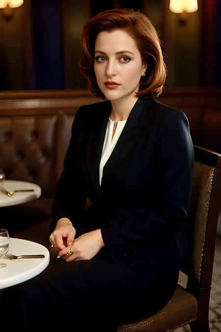 Dana Scully, dark business suit, elegant, sophisticated, in a restaurant, sitting, soft light,
<lora:DanaScullySD-000002:1>, intricate details, hyperdetailed, cinematic, realistic, masterpiece