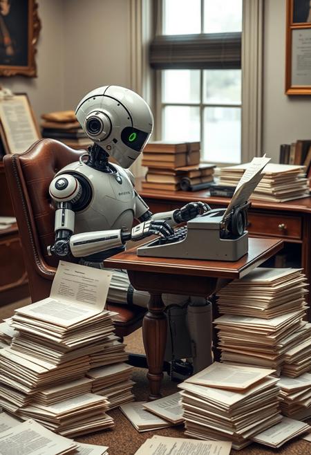 Create an image of a futuristic robot sitting at an antique wooden desk in an office, enthusiastically typing on an old-fashioned typewriter. Piles of neatly typed pages surround the robot, adding a humorous twist to the scene.