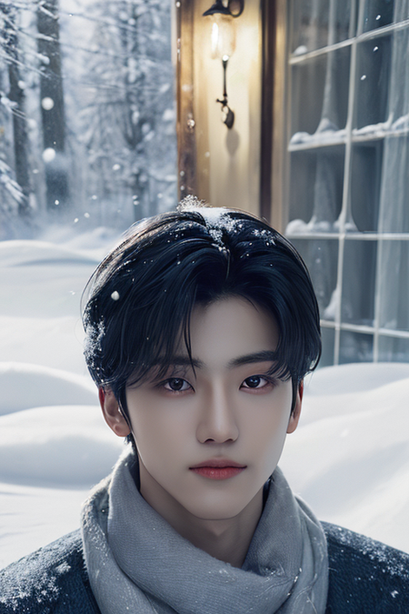 1boy,(close-up:1.4),(winter ,snowy:1.2),(RAW photo:1.2), (photorealistic:1.4),(masterpiece:1.3),(best quality,1boy:1.4), dreamlike, (detailed eyes),(detailed facial features), (detailed clothes features) solo, cute,closed mouth, black hair, black eyes, crystal pendant, Long blue scarf,White long wool coat,(detailed face), grunge,(high detailed skin:1.2),soft lighting, high quality,