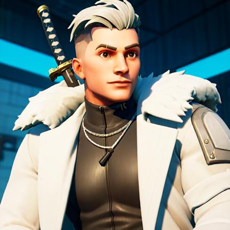 (masterpiece:1.2, best quality), FortniteStyle, 1boy, white hair, black overcoat, katana, epic <lora:Fortnite-000009:0.79>