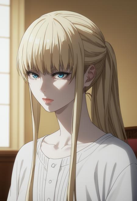 phanora kristoffel,  ponytail, blonde hair, blue eyes, pale skin white dress, black overcoat