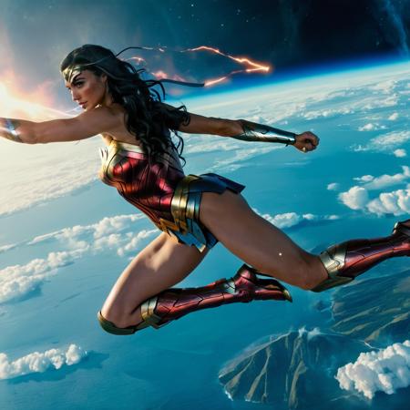 Wide shot ocumentary footage showing in the far distance Wonder Woman jumping into space, superhuman strength and speed, massive shockwave,godlike power,f/1.8,   galxgdt,    <lora:galgadot_juggerX_xl_1_st_merger_88_150_05_05-galxgdt:1>