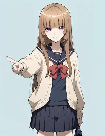 1girl, <lora:FuwaAika:1> FuwaAika,brown hair,long hair,blunt bangs,purple eyes,hime cut,small breasts school uniform,serafuku,skirt,pleated skirt,white shirt,short sleeves,red bow school uniform,serafuku,dark blue shirt,pleated skirt,cardigan,red bow,long sleeves,kneehighs purple shirt,denim shorts,short sleeves Read Captions light yellow shirt,orange skirt,short sleeves hair up,japanese clothes,kimono,yukata,hair ornament